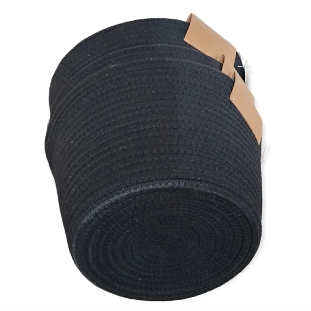 Bundle of 3 black rope baskets with brown leather accents